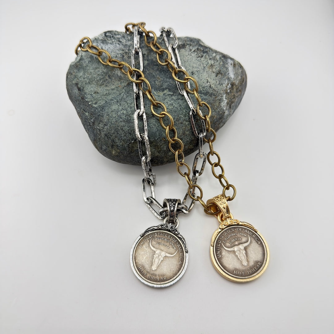 Chunky Bull Pendant Necklace – Western Statement Jewelry - Gold or Silver