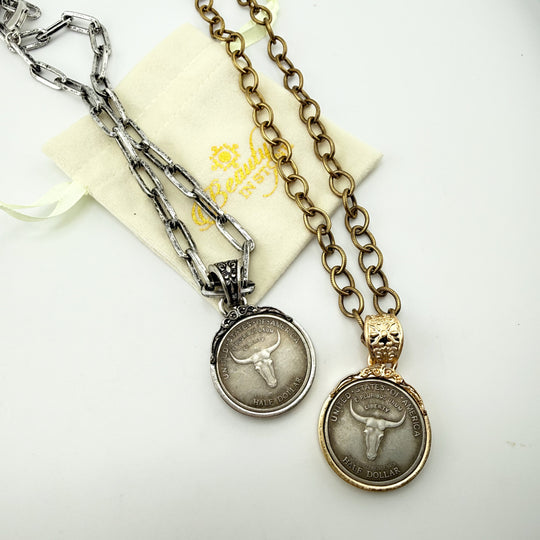 Chunky Bull Pendant Necklace – Western Statement Jewelry - Gold or Silver