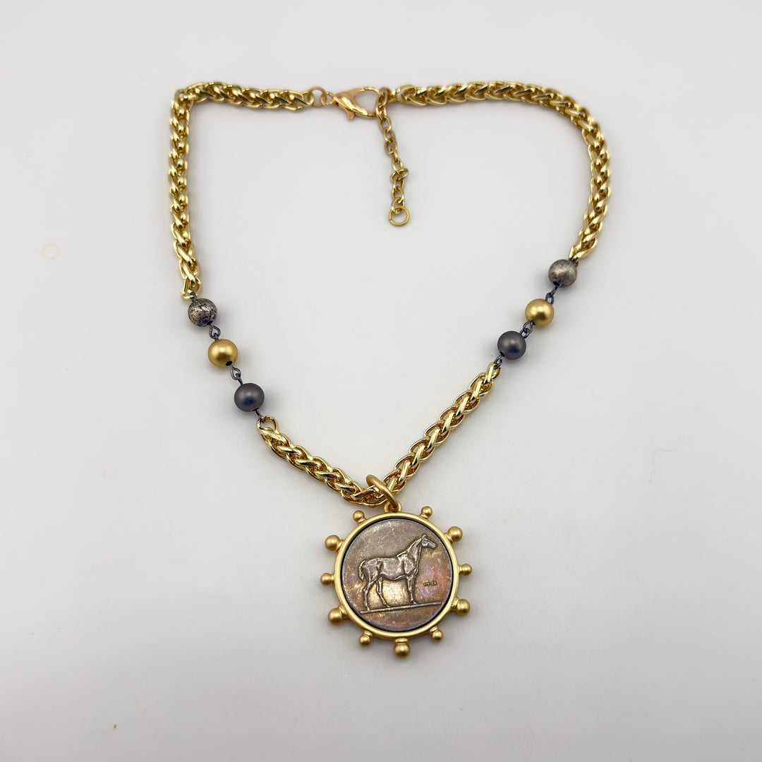 "Painted Trail" – Horse Pendant Necklace with Tri-Color Beaded Wheat Chain