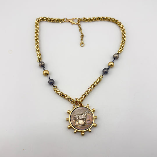 "Painted Trail" – Horse Pendant Necklace with Tri-Color Beaded Wheat Chain