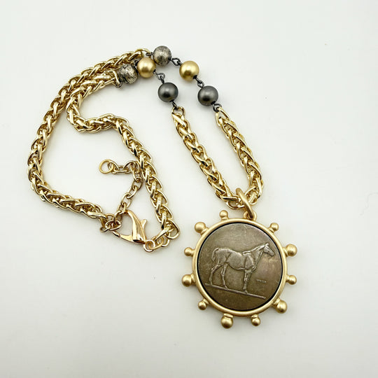 "Painted Trail" – Horse Pendant Necklace with Tri-Color Beaded Wheat Chain