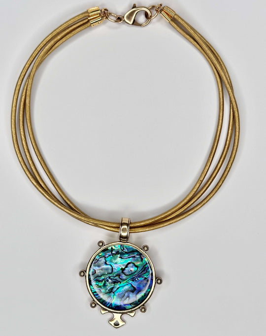 Paua Shell Pendant Necklace On Gold Leather