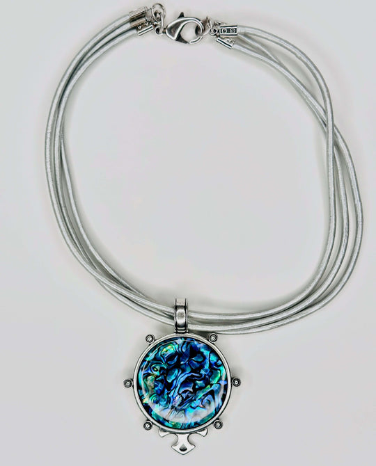 Paua Shell Pendant Necklace On Silver Leather