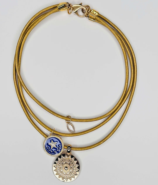 Sun And Stars Multi Length Necklace On Gold Leather