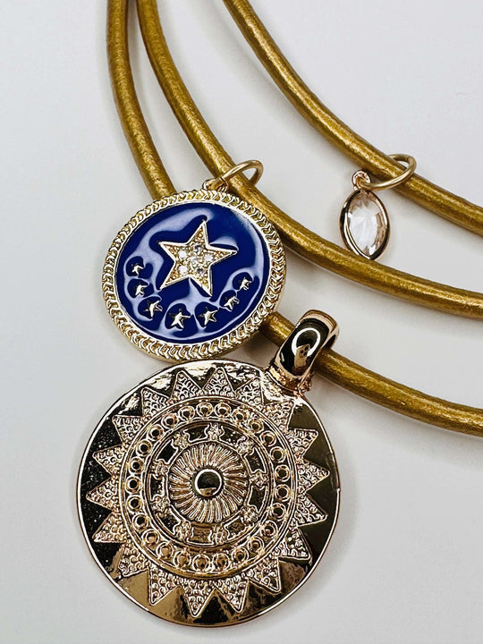 Sun And Stars Multi Length Necklace On Gold Leather