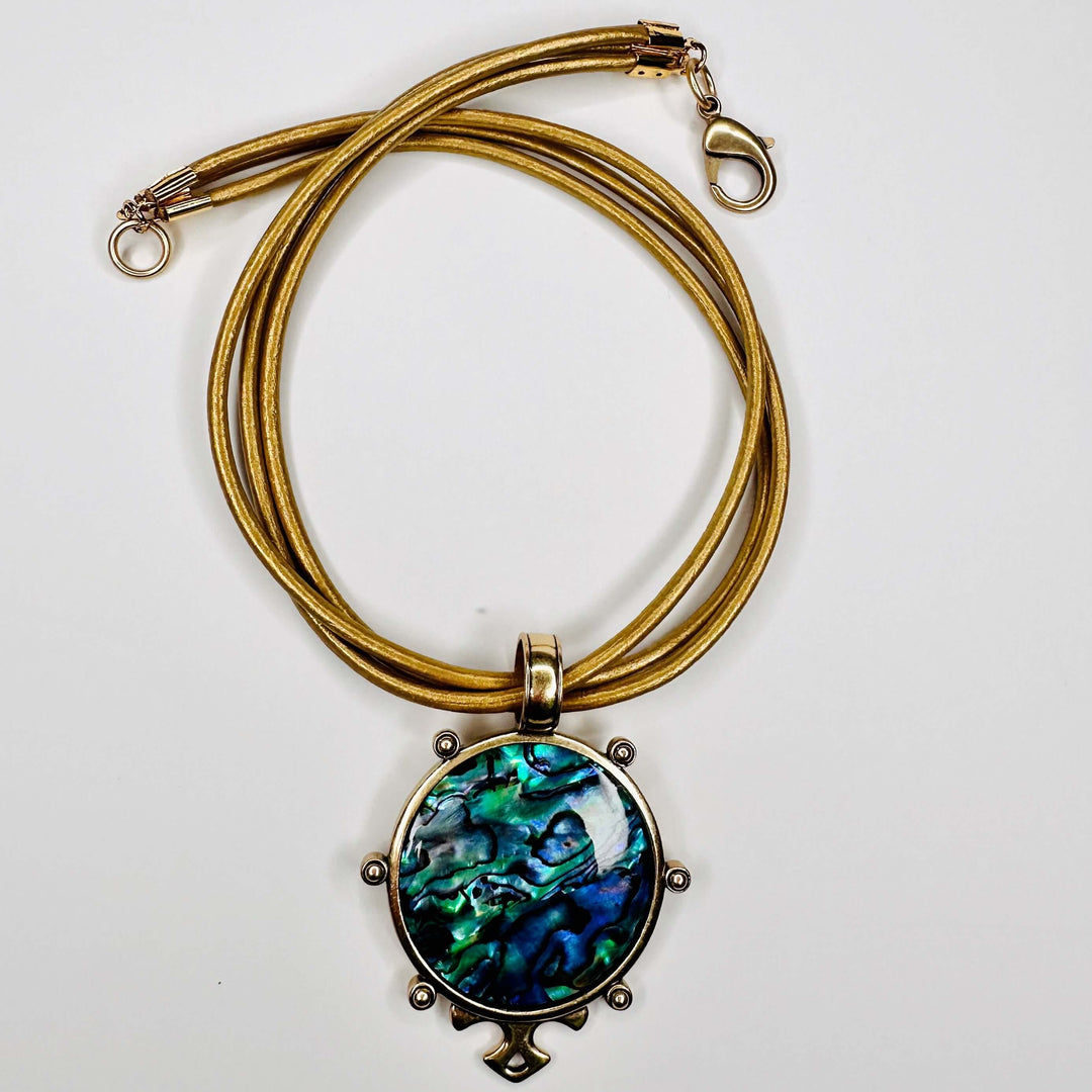 Paua Shell Pendant Necklace On Gold Leather