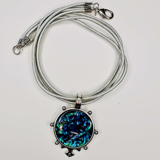 Paua Shell Pendant Necklace On Silver Leather