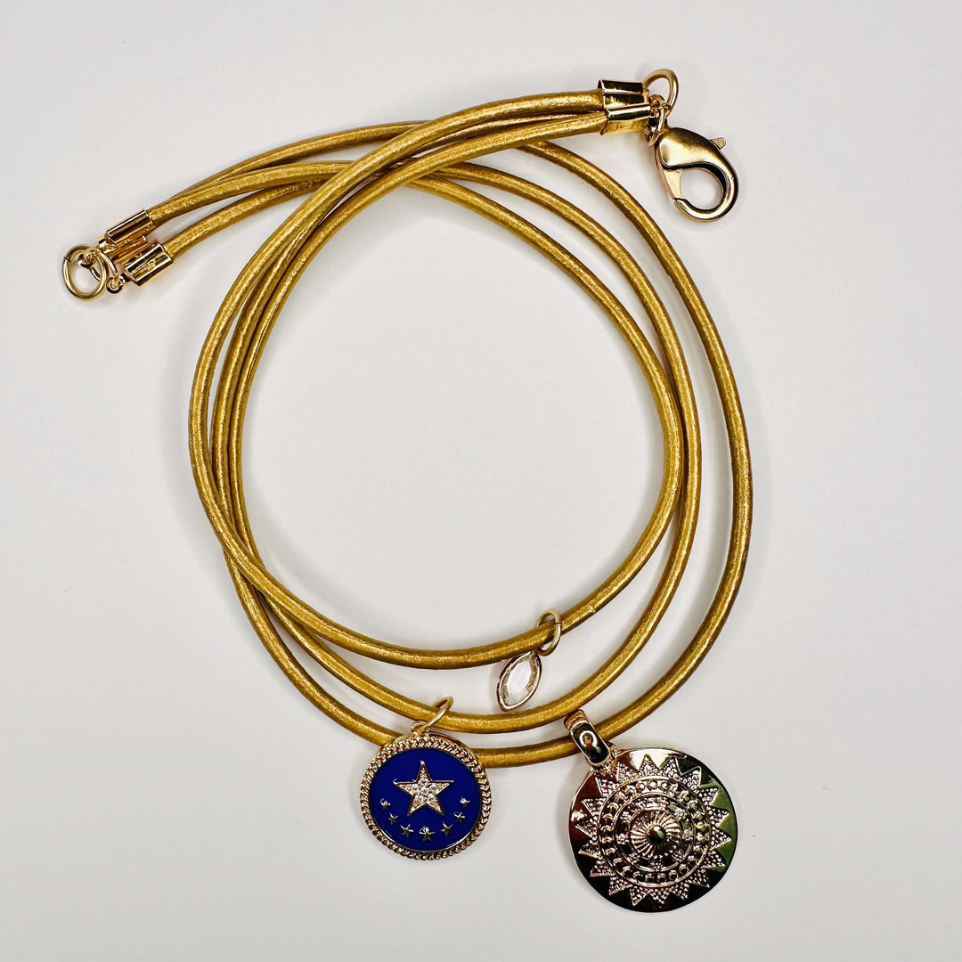 Sun And Stars Multi Length Necklace On Gold Leather