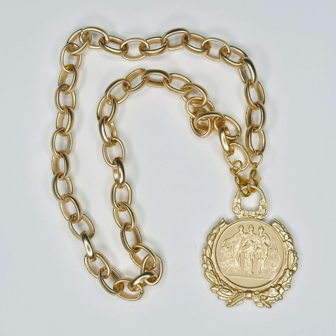 Three graces coin matte gold necklace