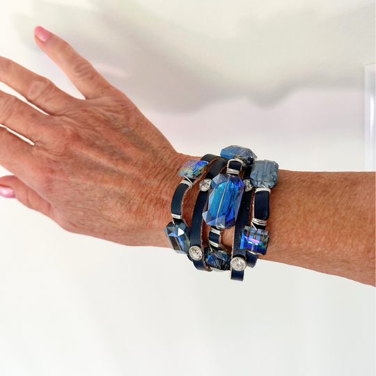 Leather Cuff Navy With Crystal Bling