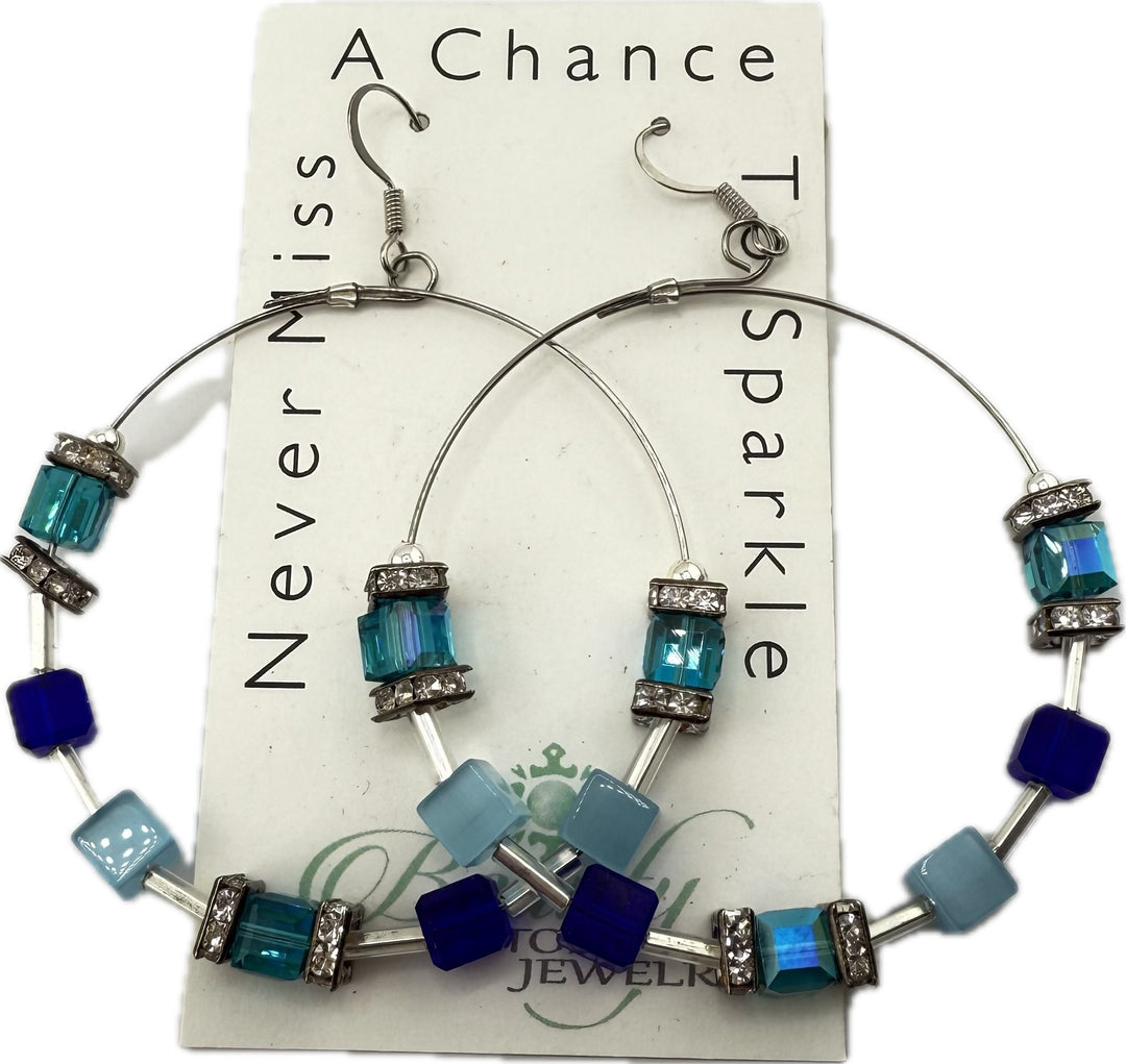 Hoop Earrings Shades of Blue/Cubes & Crystal 2"