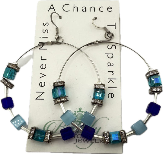 Hoop Earrings Shades of Blue/Cubes & Crystal 2"