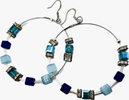 Hoop Earrings Shades of Blue/Cubes & Crystal 2"