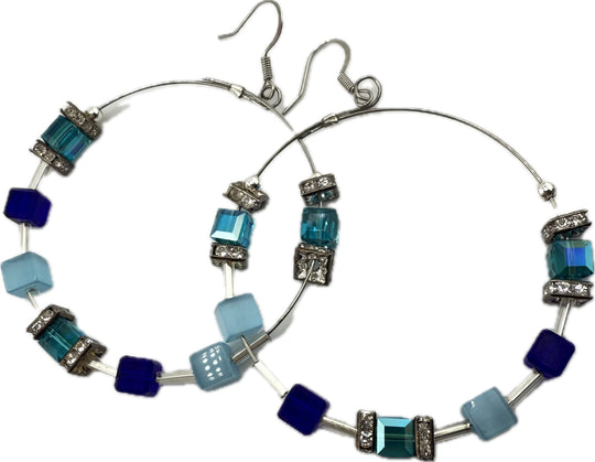 Hoop Earrings Shades of Blue/Cubes & Crystal 2"