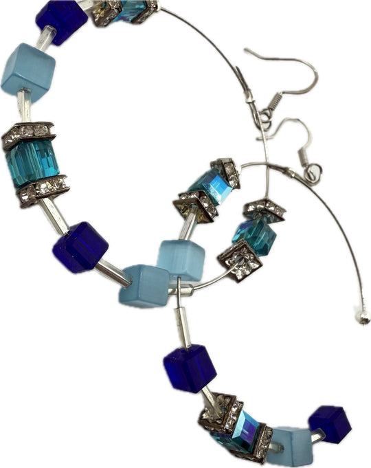 Hoop Earrings Shades of Blue/Cubes & Crystal 2"