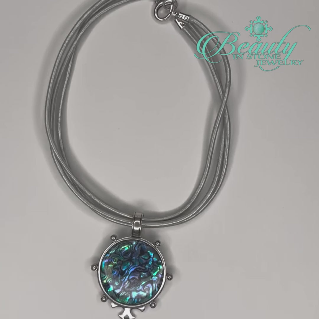 Paua Shell Pendant Necklace On Silver Leather