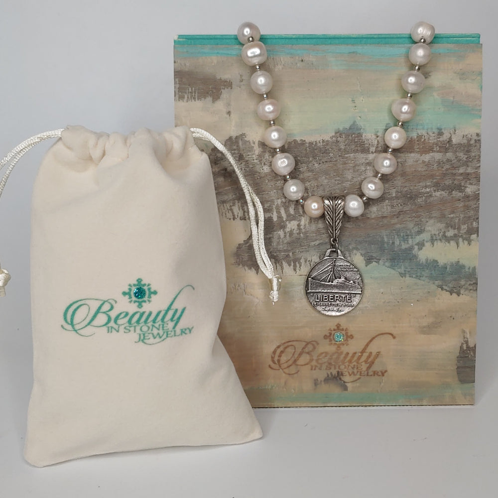 Pearl Necklace With Liberte Coin, Beauty In Stone Jewelry at $189