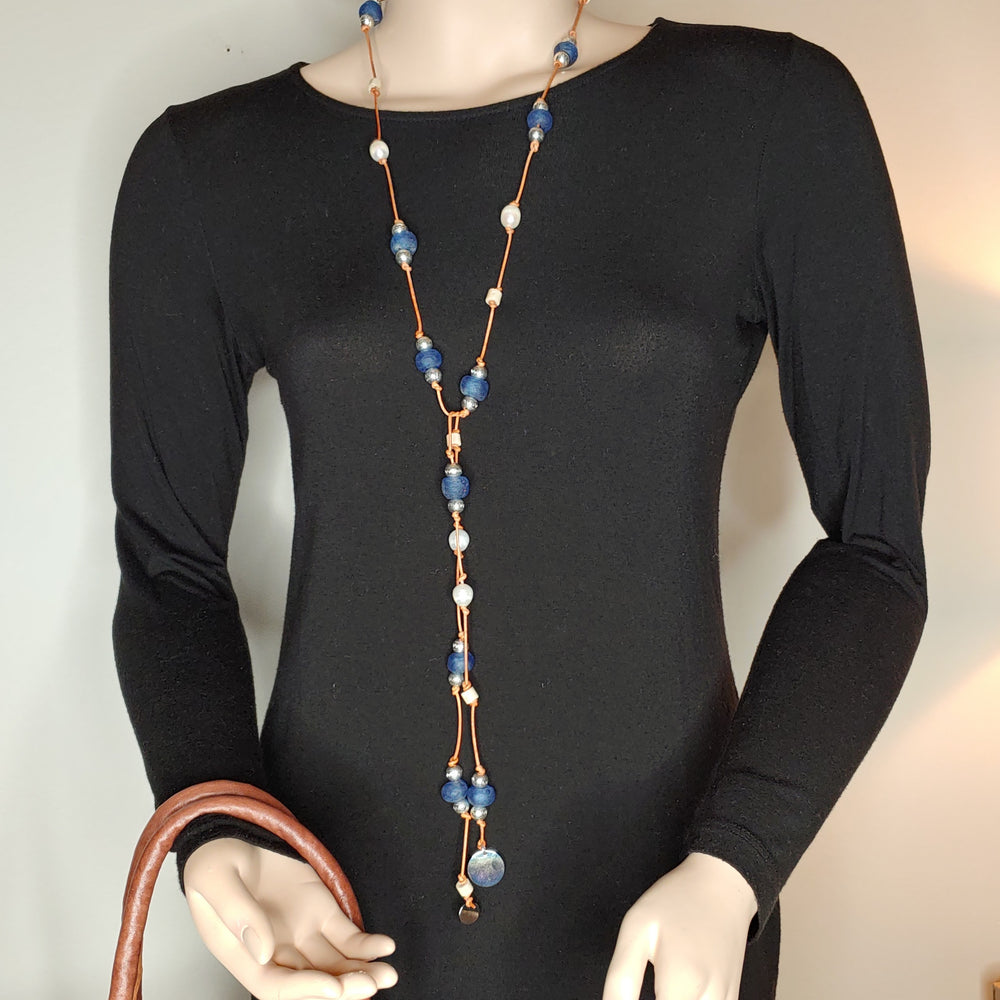 Beach Glass & Pearl Lariat Necklace Dark Blue, Beauty In Stone Jewelry at $149