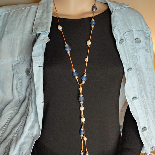 Beach Glass & Pearl Lariat Necklace Dark Blue, Beauty In Stone Jewelry at $149