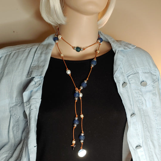 Beach Glass & Pearl Lariat Necklace Dark Blue, Beauty In Stone Jewelry at $149