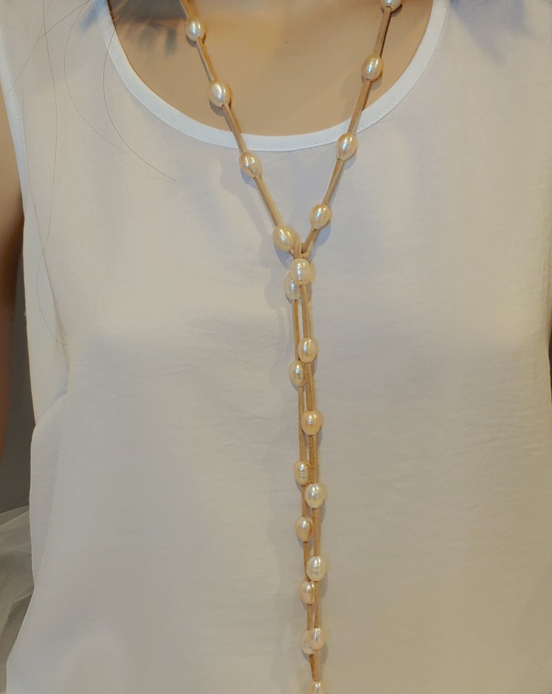 Blush Pearl Lariat Necklace On Suede Leather, Beauty In Stone Jewelry at $109