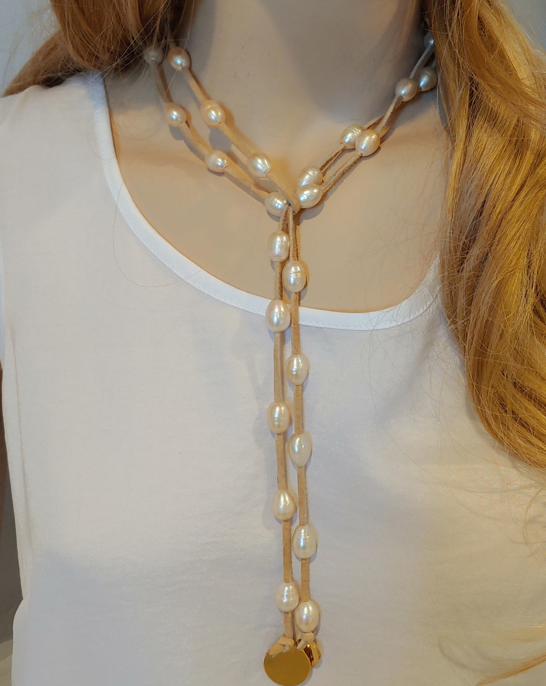 Blush Pearl Lariat Necklace On Suede Leather, Beauty In Stone Jewelry at $109