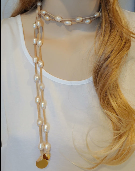 Blush Pearl Lariat Necklace On Suede Leather, Beauty In Stone Jewelry at $109