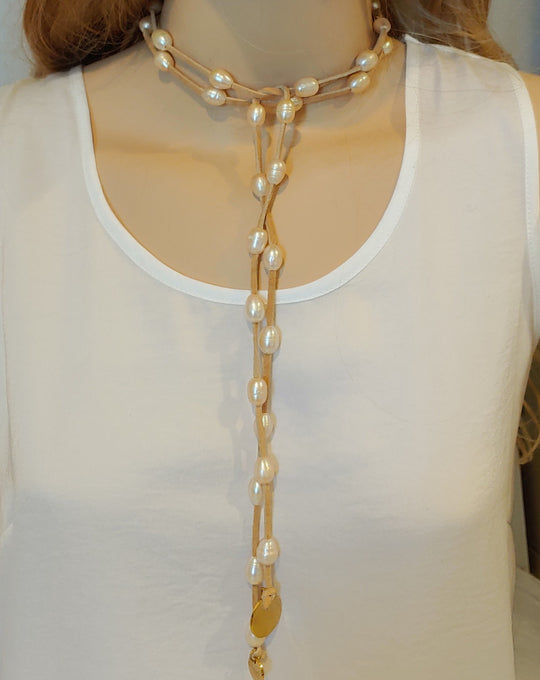 Blush Pearl Lariat Necklace On Suede Leather, Beauty In Stone Jewelry at $109