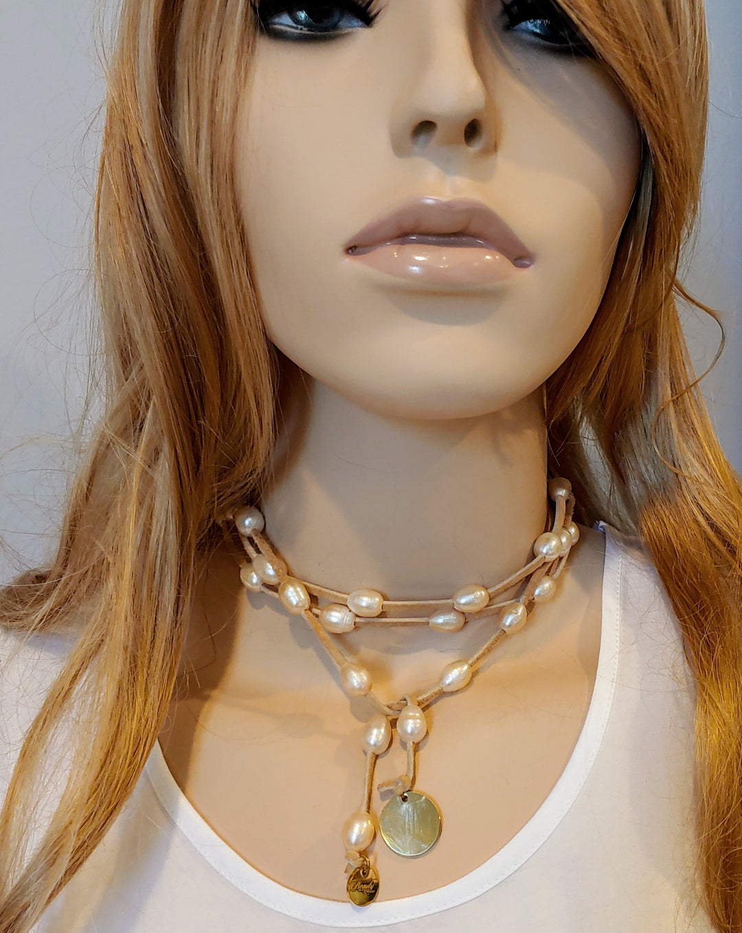 Blush Pearl Lariat Necklace On Suede Leather, Beauty In Stone Jewelry at $109