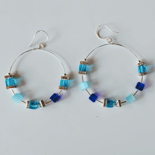 Hoop Earrings Shades of Blue/Cubes & Crystal, Beauty In Stone Jewelry at $49