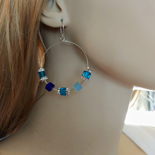 Hoop Earrings Shades of Blue/Cubes & Crystal, Beauty In Stone Jewelry at $49