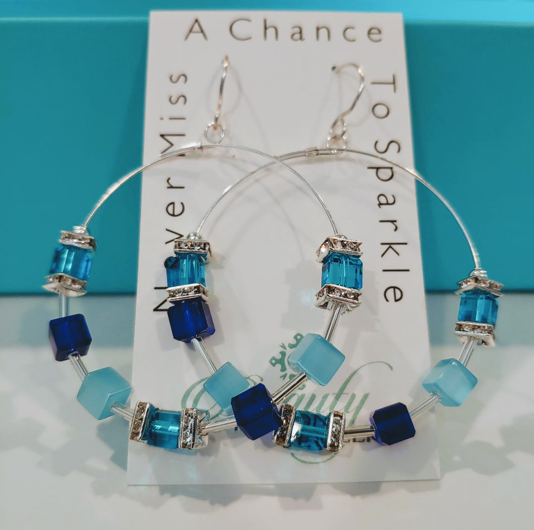 Hoop Earrings Shades of Blue/Cubes & Crystal, Beauty In Stone Jewelry at $49