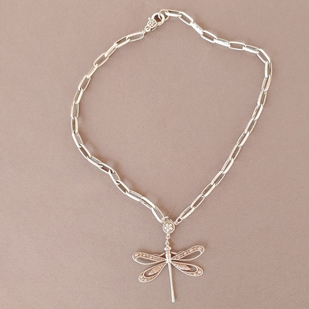 Dragonfly Chain Necklace Oxidized Silver, Beauty In Stone Jewelry at $79