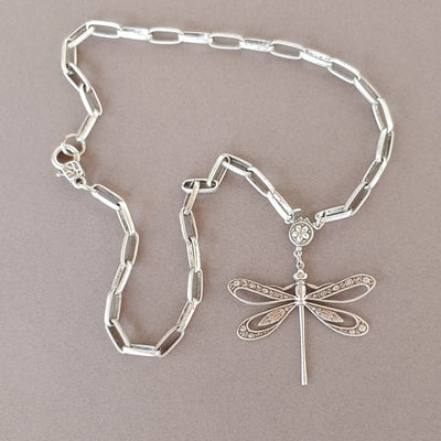 Dragonfly Chain Necklace Oxidized Silver, Beauty In Stone Jewelry at $79