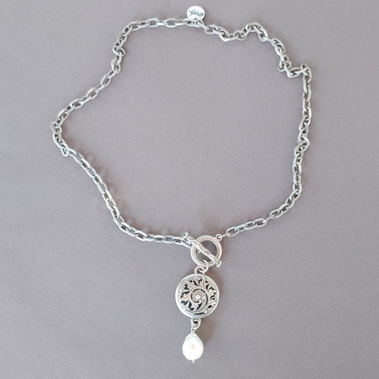 Front Toggle Necklace With Medallion & Pearl Dangle, Beauty In Stone Jewelry at $149