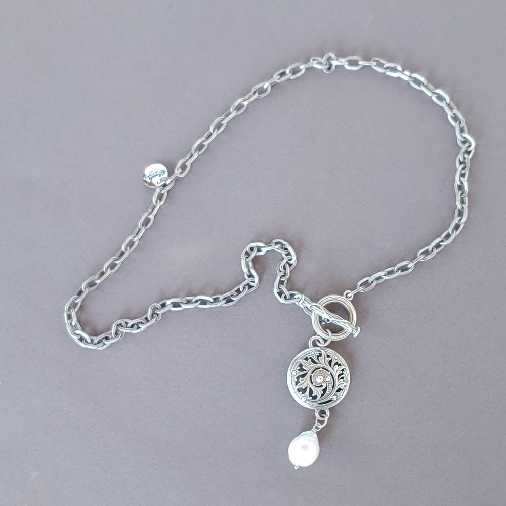 Front Toggle Necklace With Medallion & Pearl Dangle, Beauty In Stone Jewelry at $149