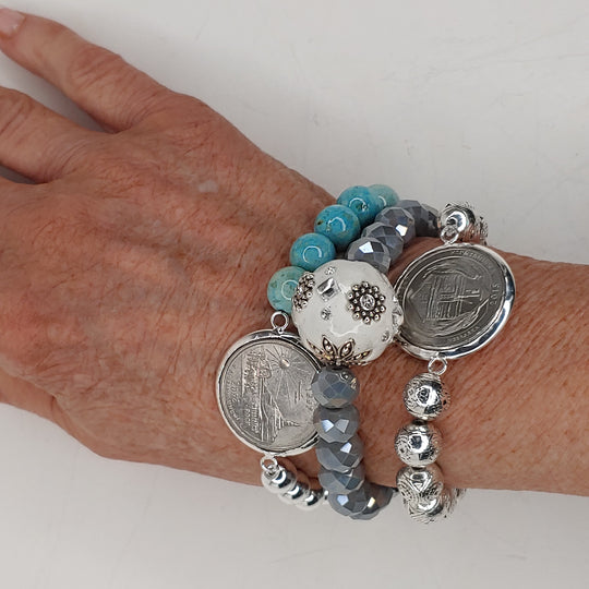 Coin Bracelet Silver Beaded, Beauty In Stone Jewelry at $40