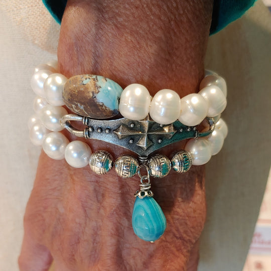 Gemstone Barrel & Pearl Stretch Bracelet, Beauty In Stone Jewelry at $60