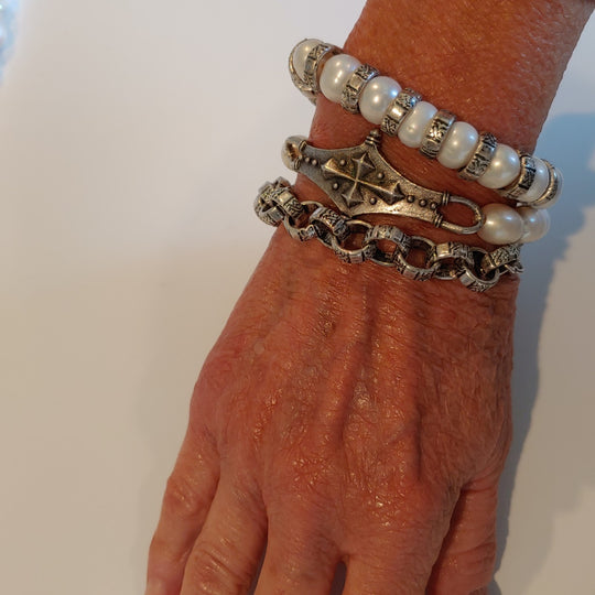 Pearl & Silver Stretch Bracelet, Beauty In Stone Jewelry at $75