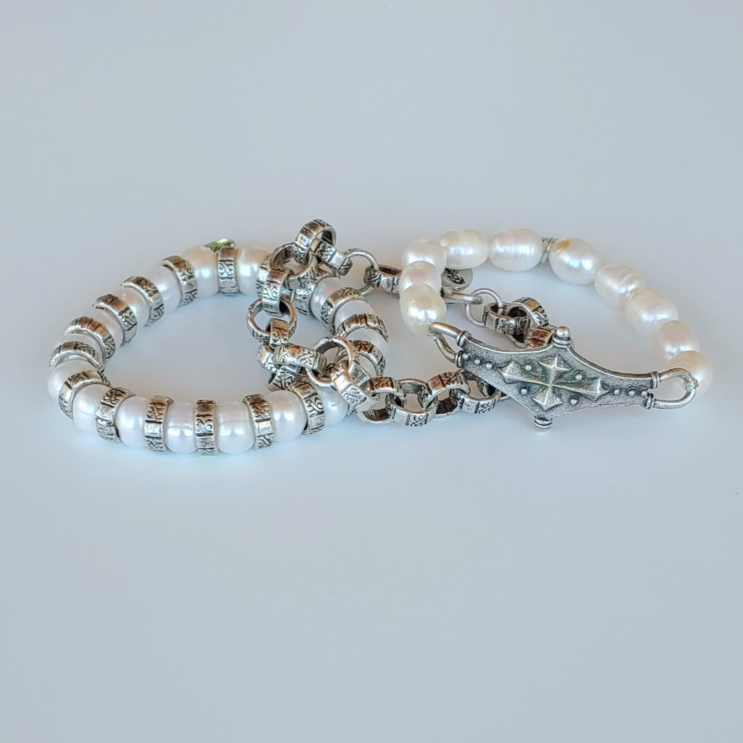 Pearl & Silver Stretch Bracelet, Beauty In Stone Jewelry at $75