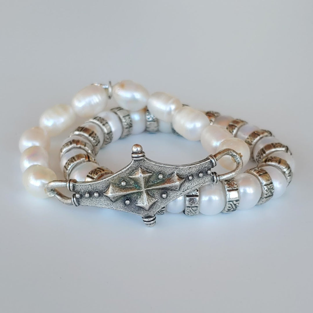 Pearl & Silver Stretch Bracelet, Beauty In Stone Jewelry at $75