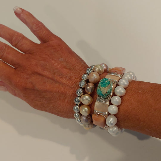 Pink, Aqua, Pearl Bracelet Stack Set, Beauty In Stone Jewelry at $220