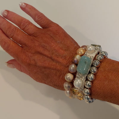 Pink, Aqua, Silver Bracelet Stack Set, Beauty In Stone Jewelry at $175