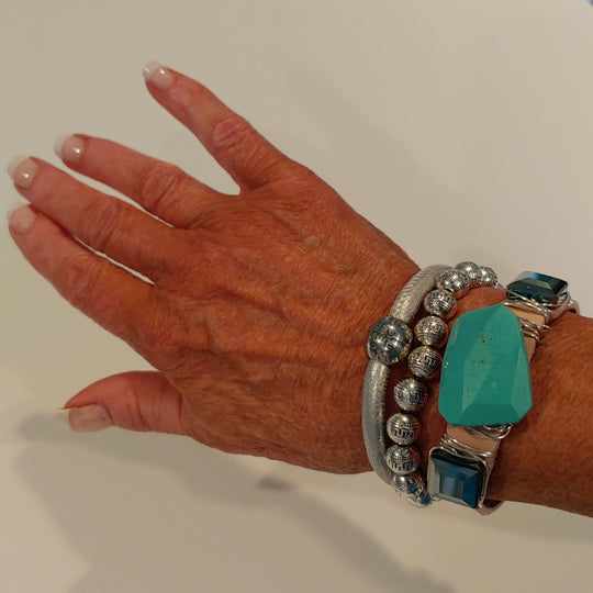 Turquoise & Silver Bracelet Stack Set, Beauty In Stone Jewelry at $150