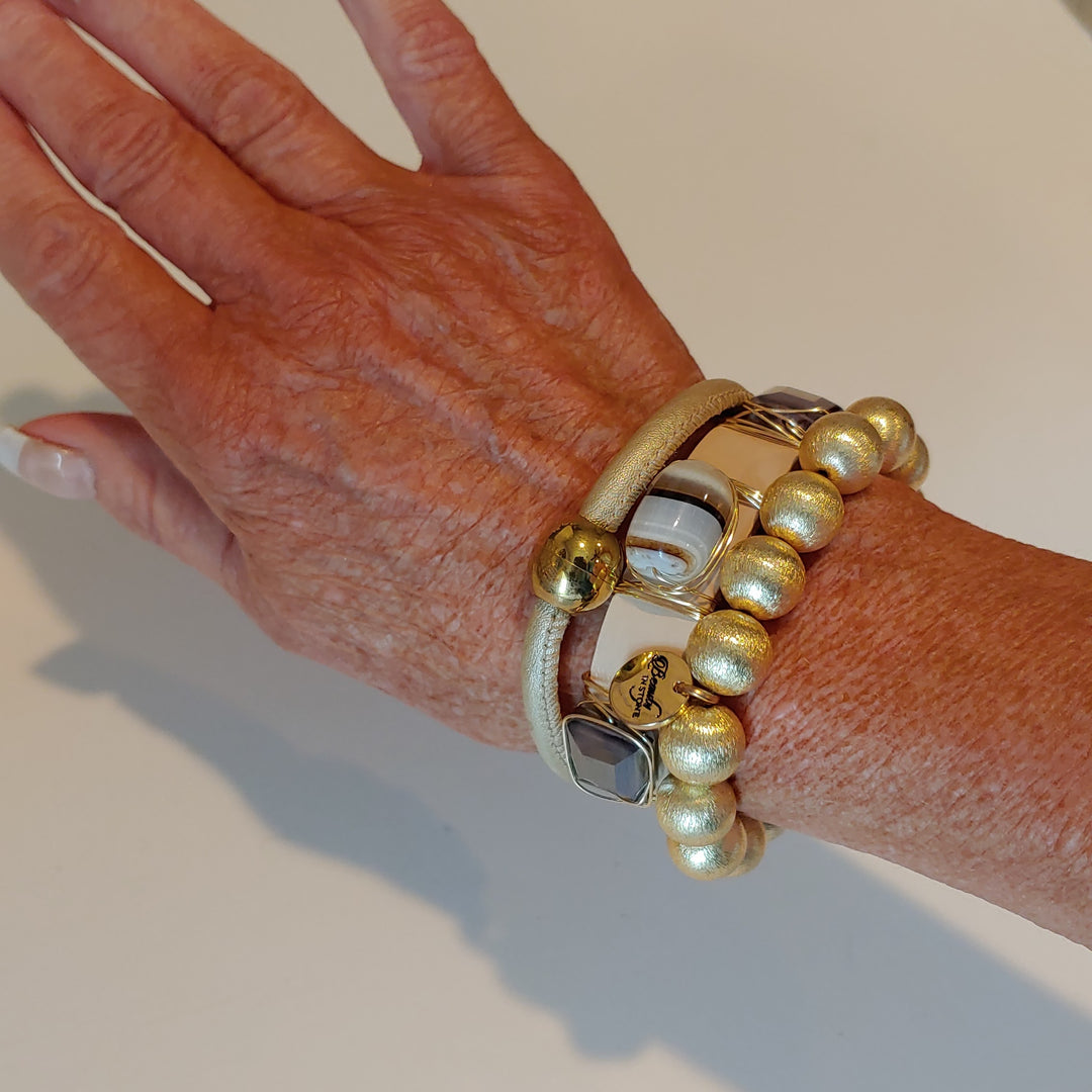 Beige, White, Gold Bracelet Stack Set, Beauty In Stone Jewelry at $155