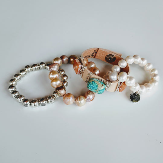 Pink, Aqua, Pearl Bracelet Stack Set, Beauty In Stone Jewelry at $220