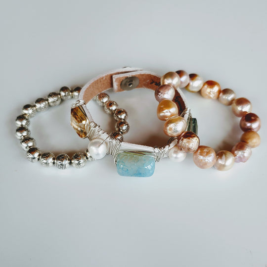 Pink, Aqua, Silver Bracelet Stack Set, Beauty In Stone Jewelry at $175