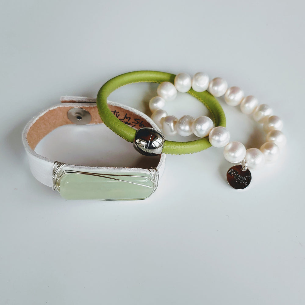 Green & Pearl Bracelet Stack Set, Beauty In Stone Jewelry at $130