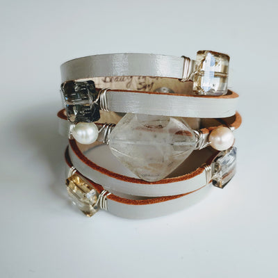 Leather Cuff With Gemstones, Clear Quartz & Pearls On Gray, Beauty In Stone Jewelry at $109