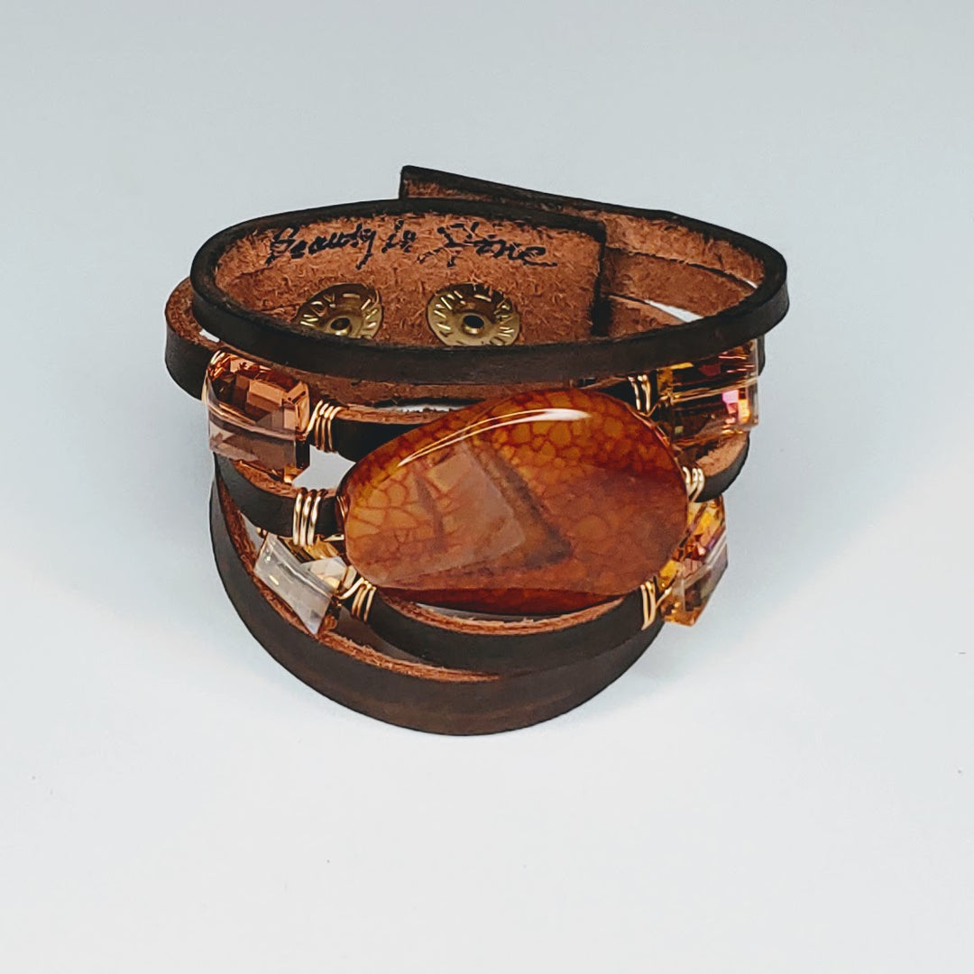 Leather Cuff Brown With Gemstones, Sienna Agate - Main Image